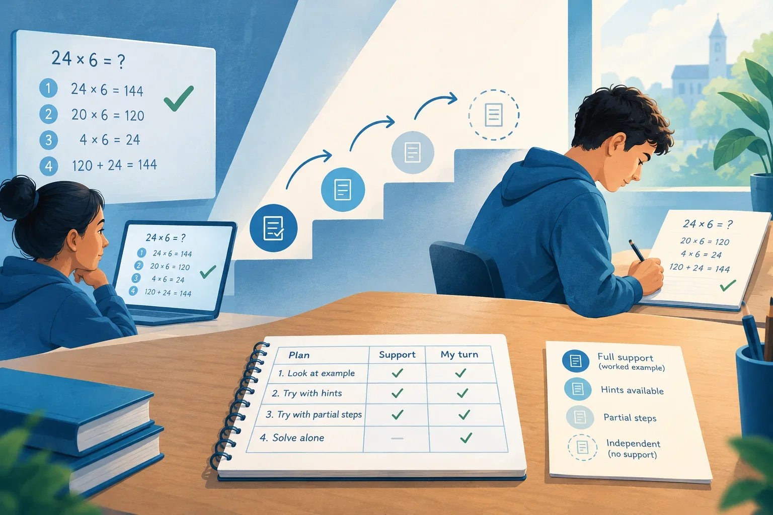 Editorial illustration for From worked example to independent practice: remove support one step at a time